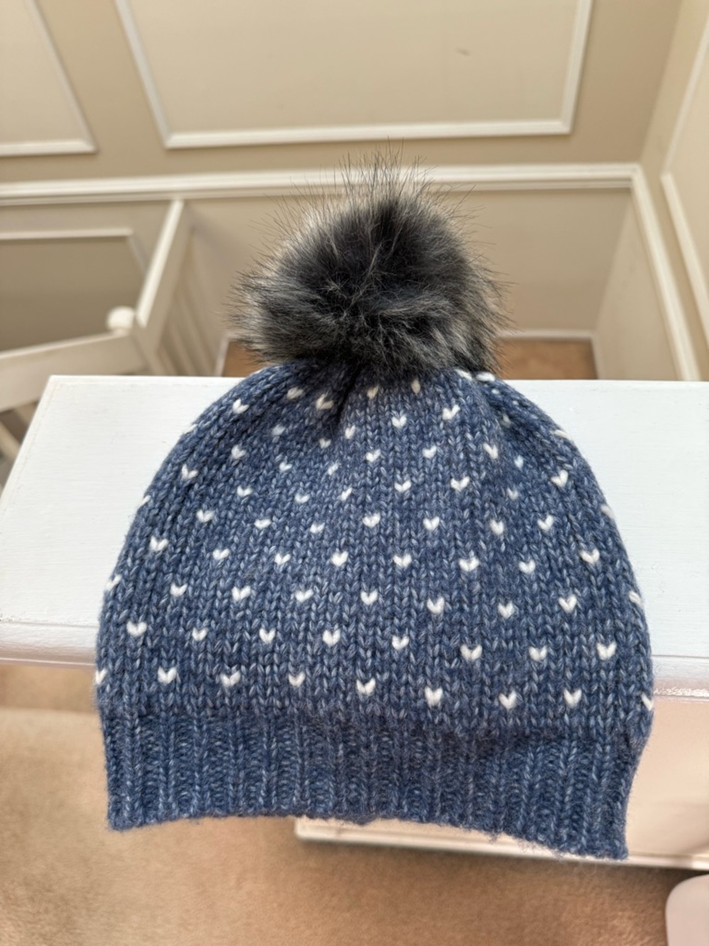 aerie Blue Knit Beanie with White Heart Accents & Faux Fur Pom